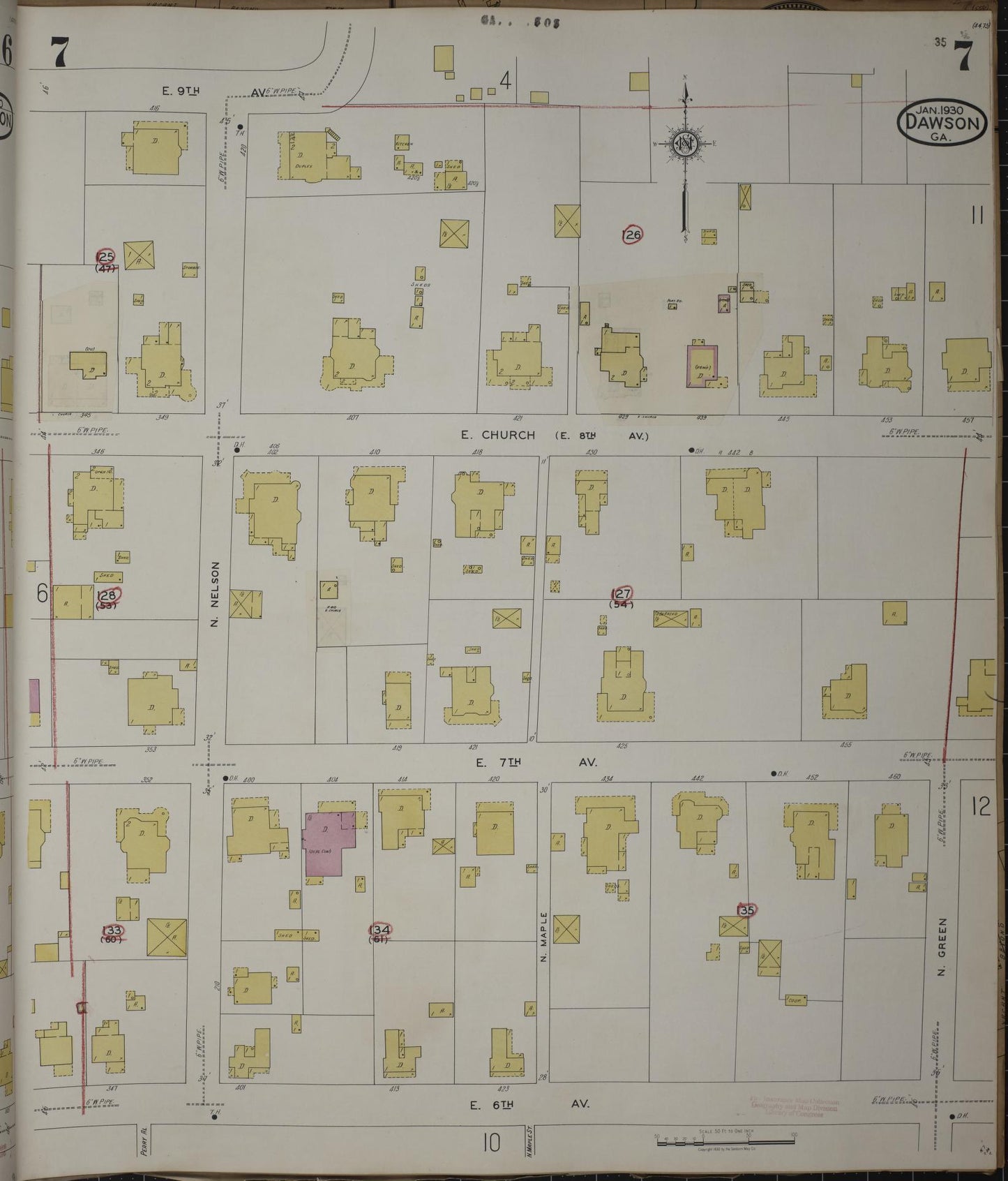 Sanborn Fire Insurance Map from Dawson, Terrell County, Georgia (1943), Sheet #0007 - Complete Map Set gallery image, historic Sanborn map, vintage wall art, Georgia Georgia