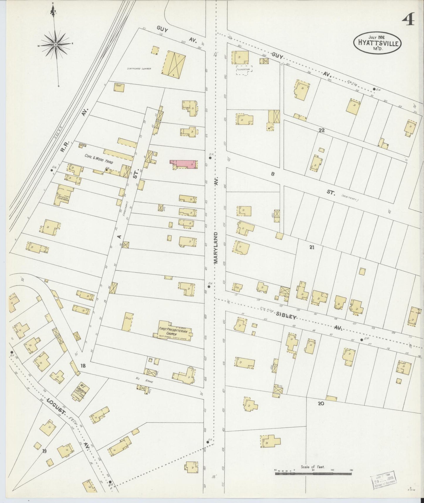 Sanborn Fire Insurance Map from Hyattsville, Prince Georges County, Maryland (1906), Sheet #0004 - Historic Sanborn Fire Insurance Map Print, vintage old map wall art
