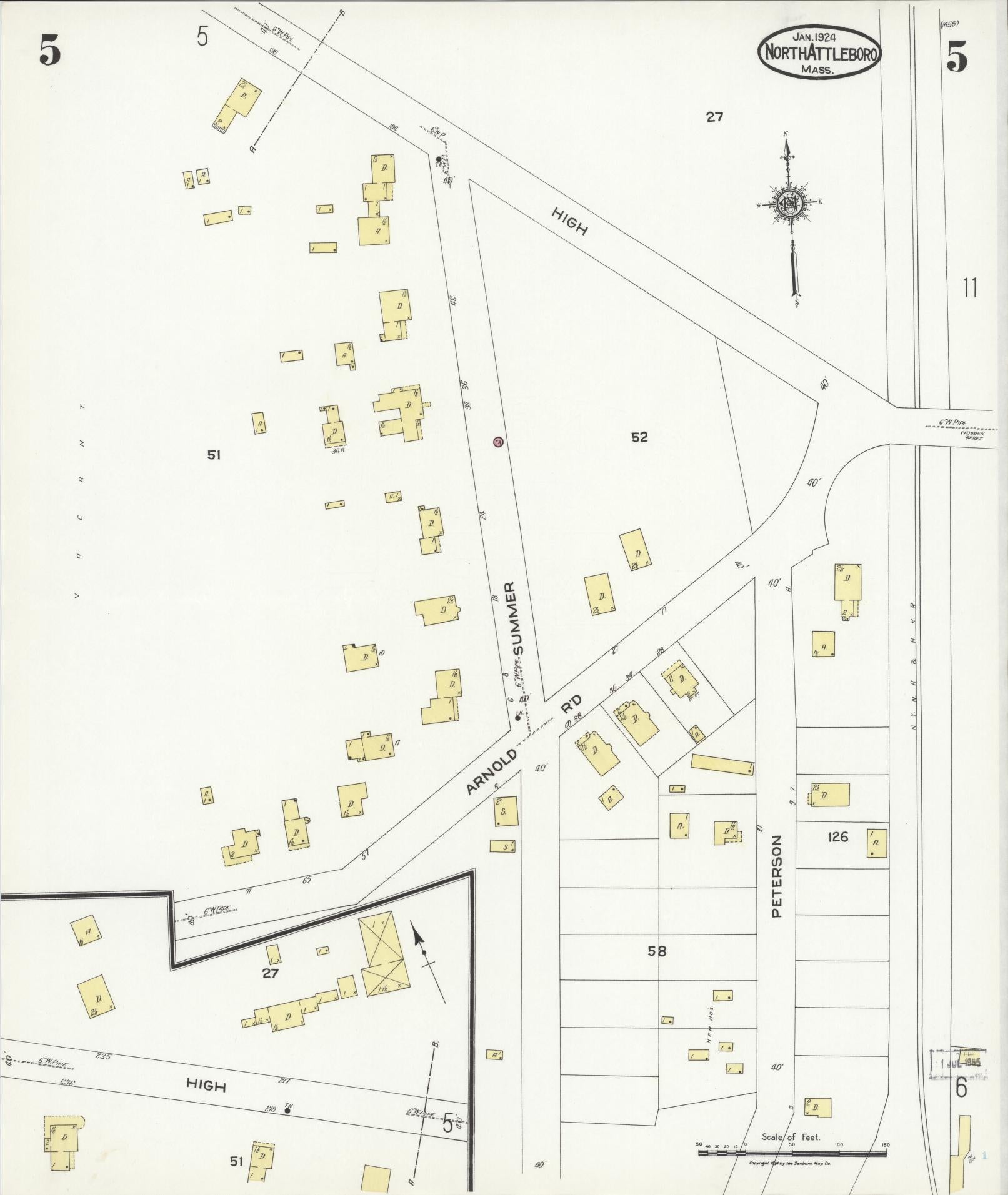 Sanborn Fire Insurance Map from North Attleborough, Bristol County, Massachusetts (1924), Sheet #0005 - Historic Sanborn Fire Insurance Map Print, vintage old map wall art, antique decor, genealogy gift, Massachusetts Massachusetts map