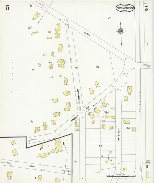 Sanborn Fire Insurance Map from North Attleborough, Bristol County, Massachusetts (1924), Sheet #0005 - Historic Sanborn Fire Insurance Map Print, vintage old map wall art, antique decor, genealogy gift, Massachusetts Massachusetts map
