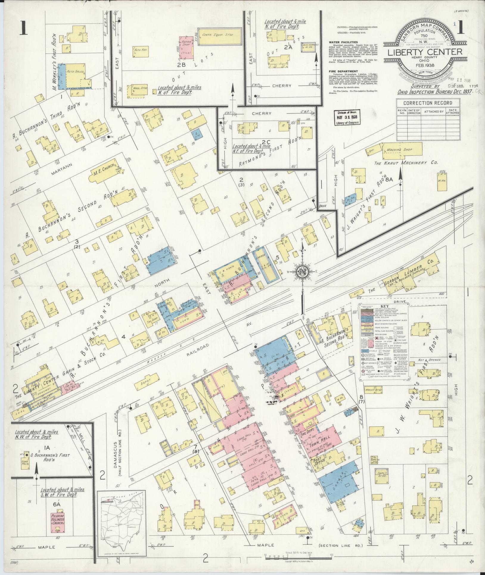 Sanborn Fire Insurance Map from Liberty Center, Henry County, Ohio (1938), Sheet #0001 - Historic Sanborn Fire Insurance Map Print, vintage old map wall art, antique decor, genealogy gift, Ohio Ohio map