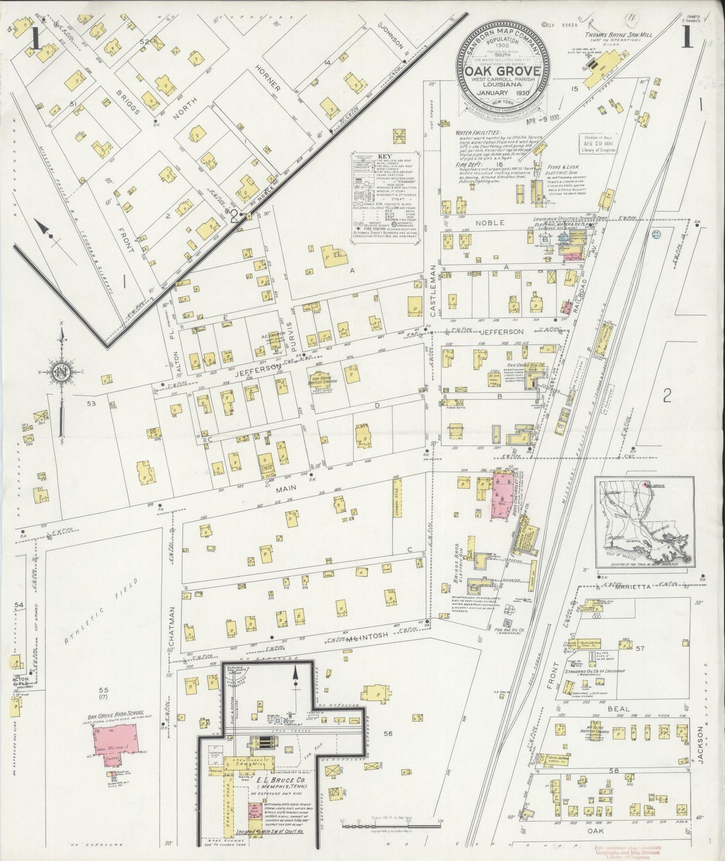 Sanborn Fire Insurance Map from Oak Grove, West Carroll Parish, Louisiana (1930), Sheet #0001 - Historic Sanborn Fire Insurance Map Print, vintage old map wall art, antique decor, genealogy gift, Louisiana Louisiana map