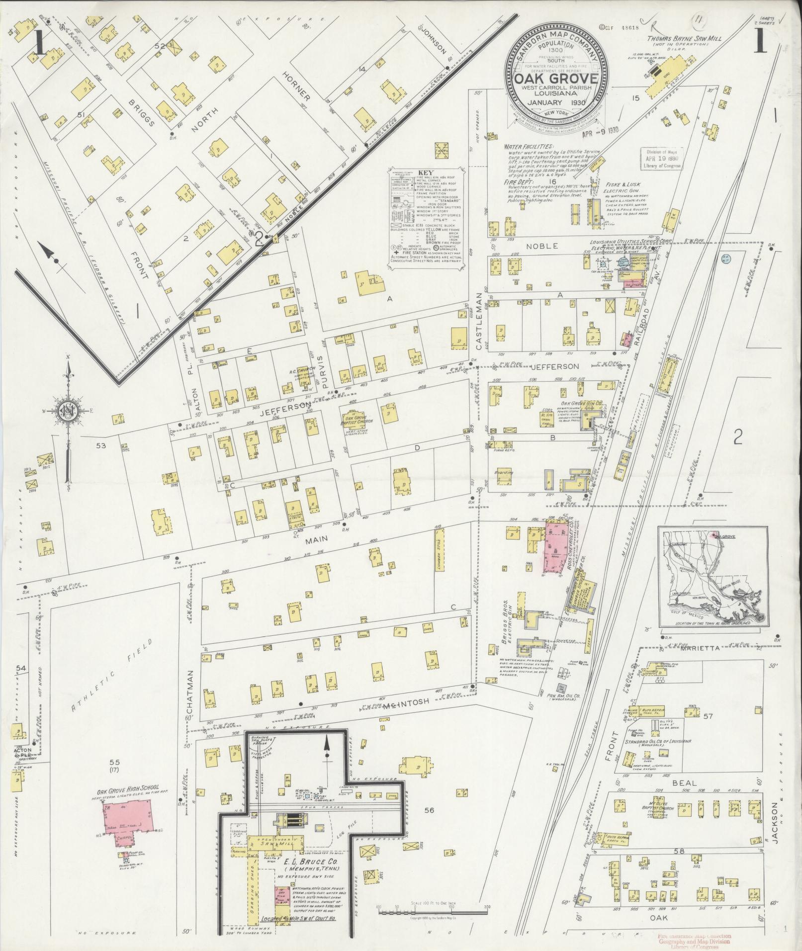 Sanborn Fire Insurance Map from Oak Grove, West Carroll Parish, Louisiana (1930), Sheet #0001 - Historic Sanborn Fire Insurance Map Print, vintage old map wall art, antique decor, genealogy gift, Louisiana Louisiana map