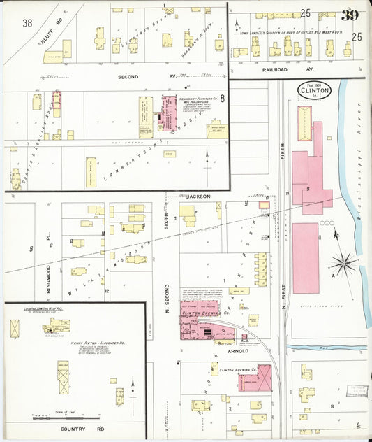 Sanborn Fire Insurance Map from Clinton, Clinton County, Iowa (1909), Sheet #0039 - Historic Sanborn Fire Insurance Map Print, vintage old map wall art