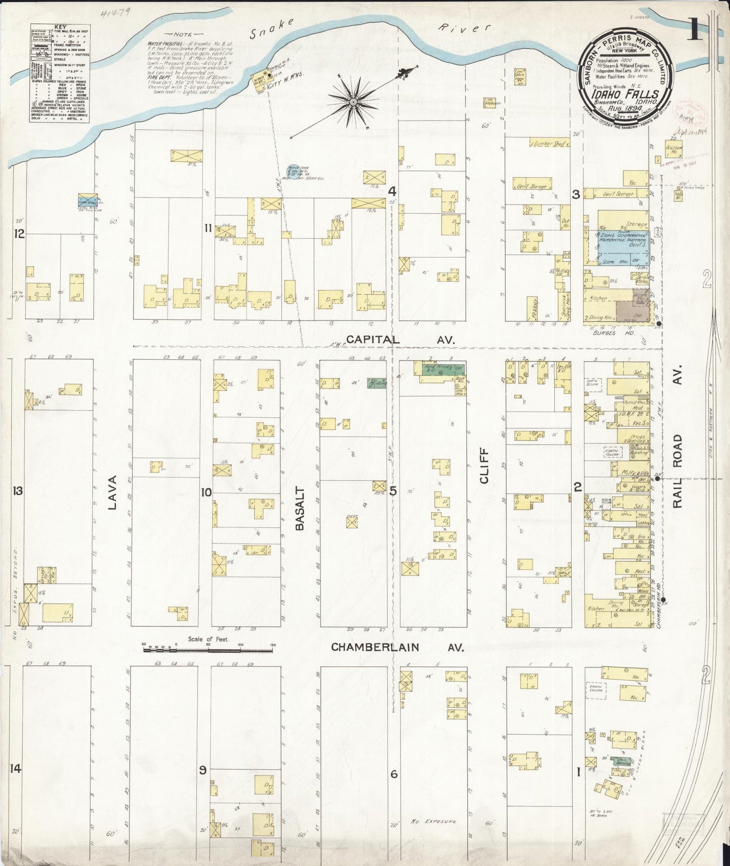 Sanborn Fire Insurance Map from Idaho Falls, Bonneville County, Idaho (1894), Sheet #0001 - Complete Map Set gallery image, historic Sanborn map, vintage wall art, Idaho Idaho