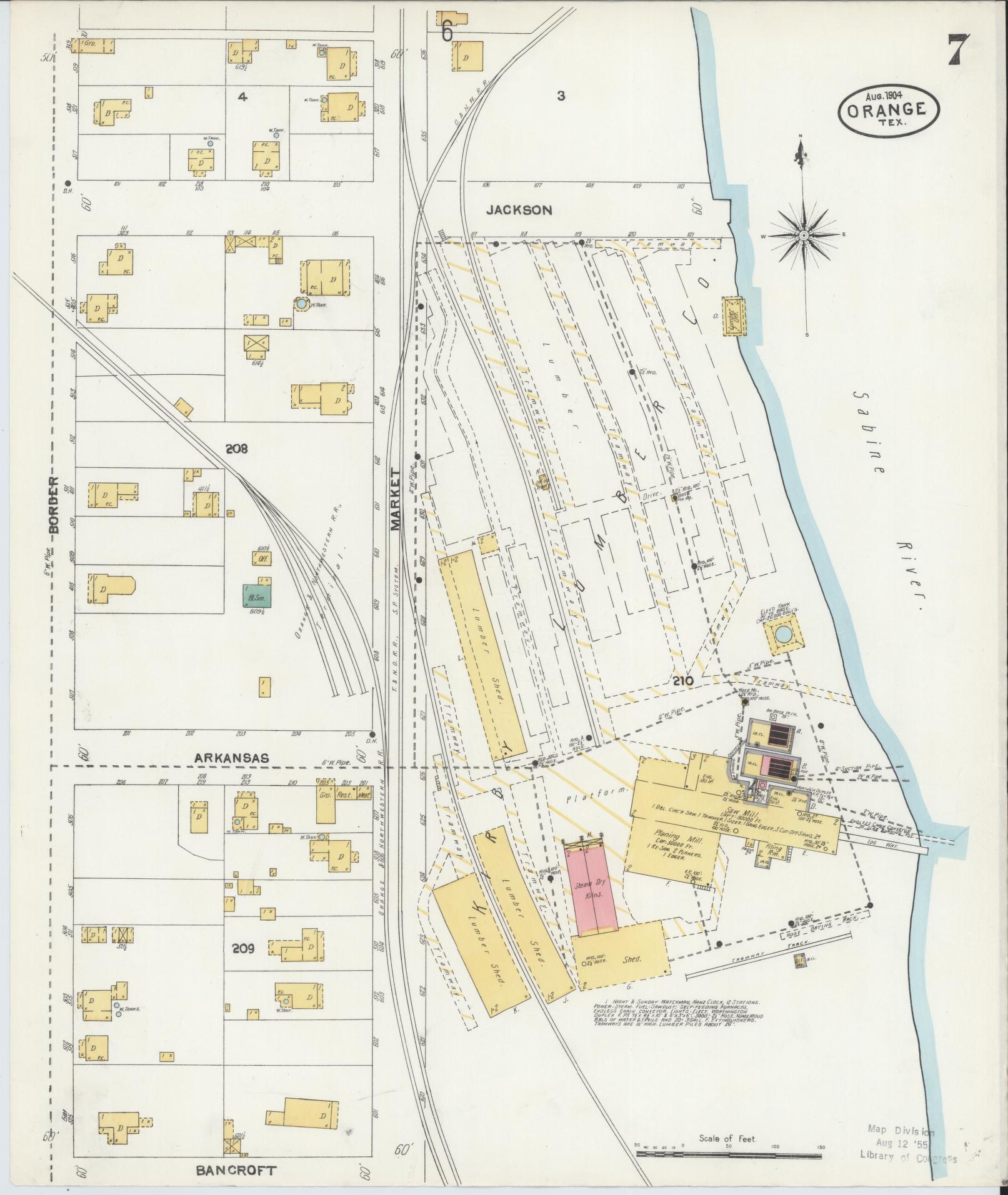 Sanborn Fire Insurance Map from Orange, Orange County, Texas (1904), Sheet #0007 - Historic Sanborn Fire Insurance Map Print, vintage old map wall art, antique decor, genealogy gift, Texas Texas map
