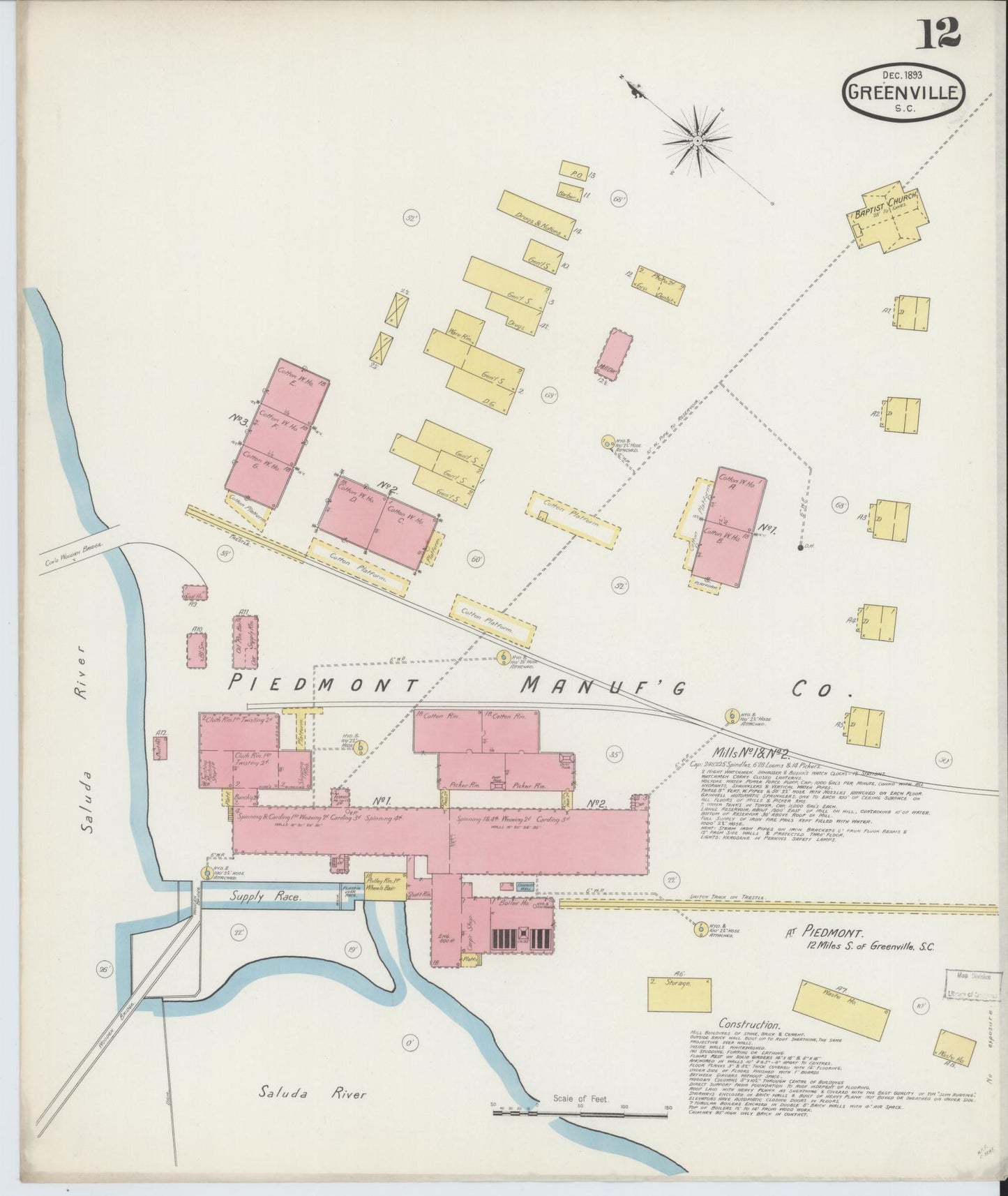 Sanborn Fire Insurance Map from Greenville, Greenville County, South Carolina (1893), Sheet #0012 - Complete Map Set gallery image, historic Sanborn map, vintage wall art, South Carolina South Carolina