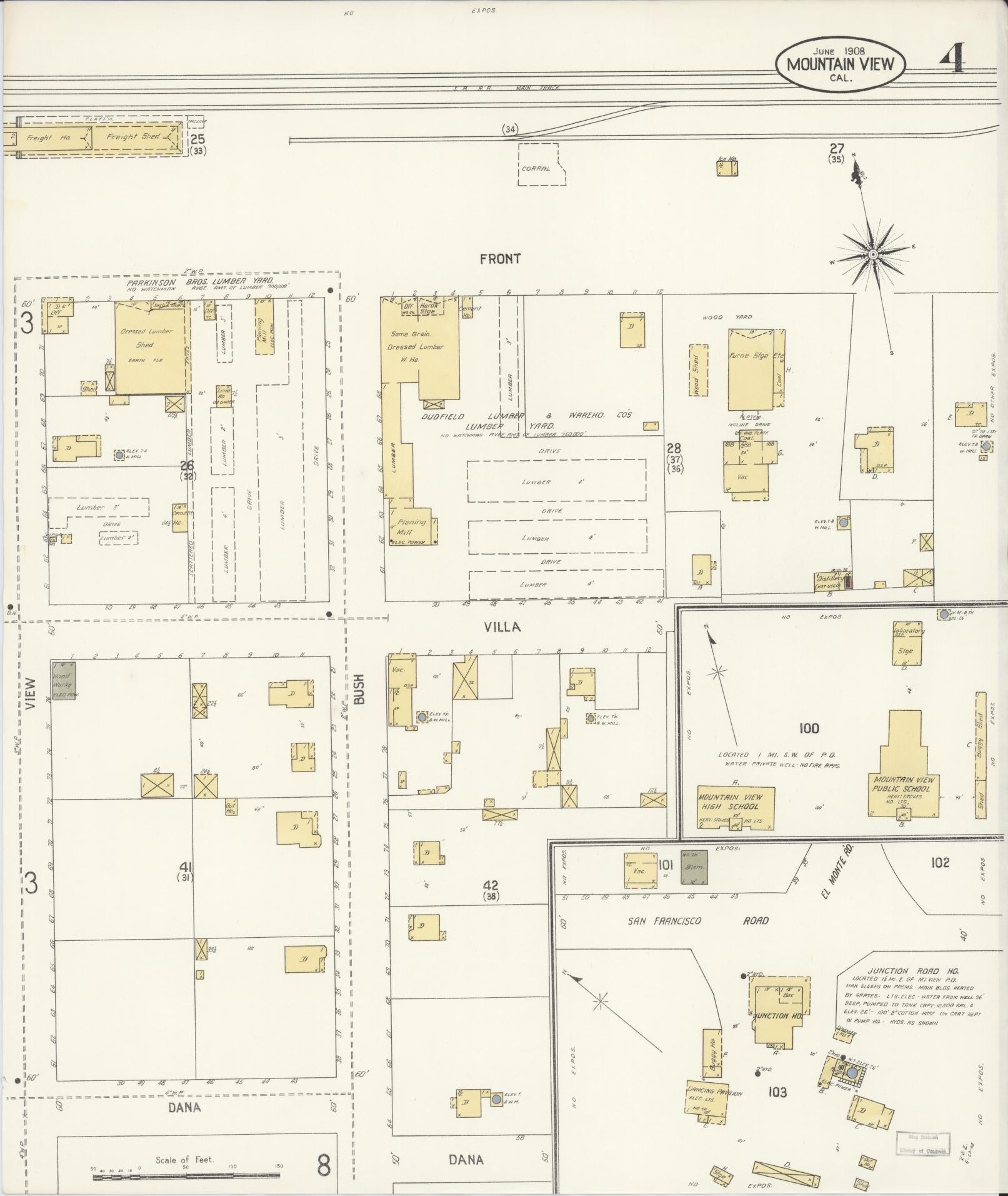 Sanborn Fire Insurance Map from Mountain View, Santa Clara County, California (1908), Sheet #0004 - Complete Map Set gallery image, historic Sanborn map, vintage wall art, California California