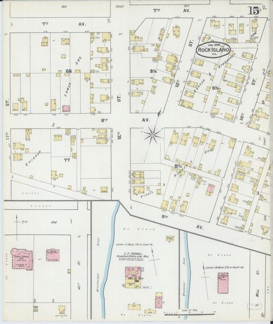 Sanborn Fire Insurance Map from Rock Island, Rock Island County, Illinois (1892), Sheet #0015 - Historic Sanborn Fire Insurance Map Print, vintage old map wall art, antique decor, genealogy gift, Illinois Illinois map