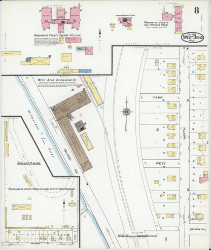Sanborn Fire Insurance Map from West Bend, Washington County, Wisconsin (1919), Sheet #0008 - Historic Sanborn Fire Insurance Map Print, vintage old map wall art, antique decor, genealogy gift, Wisconsin Wisconsin map