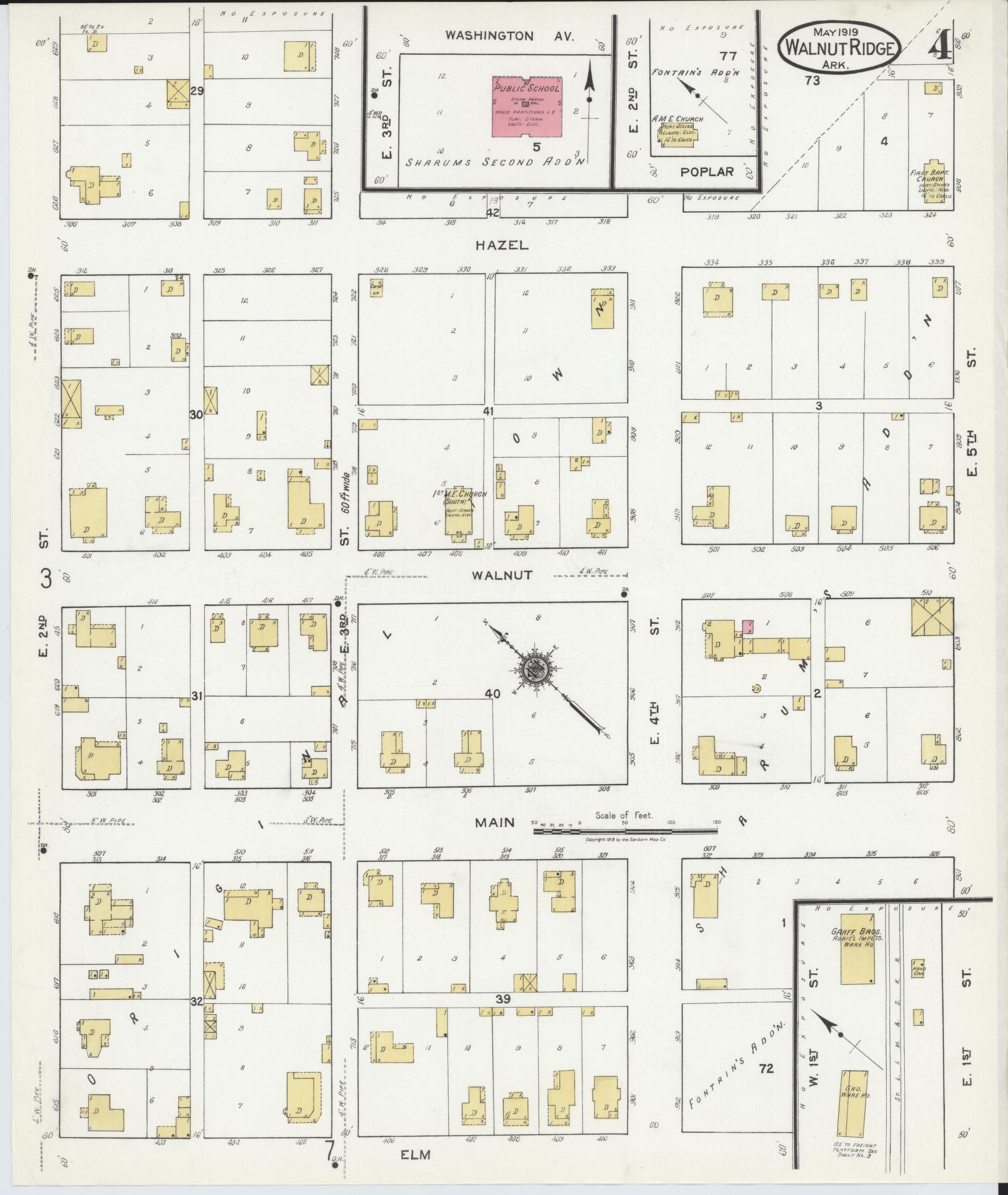 Sanborn Fire Insurance Map from Walnut Ridge, Lawrence County, Arkansas (1919), Sheet #0004 - Complete Map Set gallery image, historic Sanborn map, vintage wall art, Arkansas Arkansas