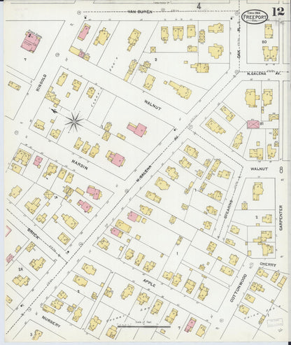 Sanborn Fire Insurance Map from Freeport, Stephenson County, Illinois (1904), Sheet #0012 - Historic Sanborn Fire Insurance Map Print, vintage old map wall art, antique decor, genealogy gift, Illinois Illinois map