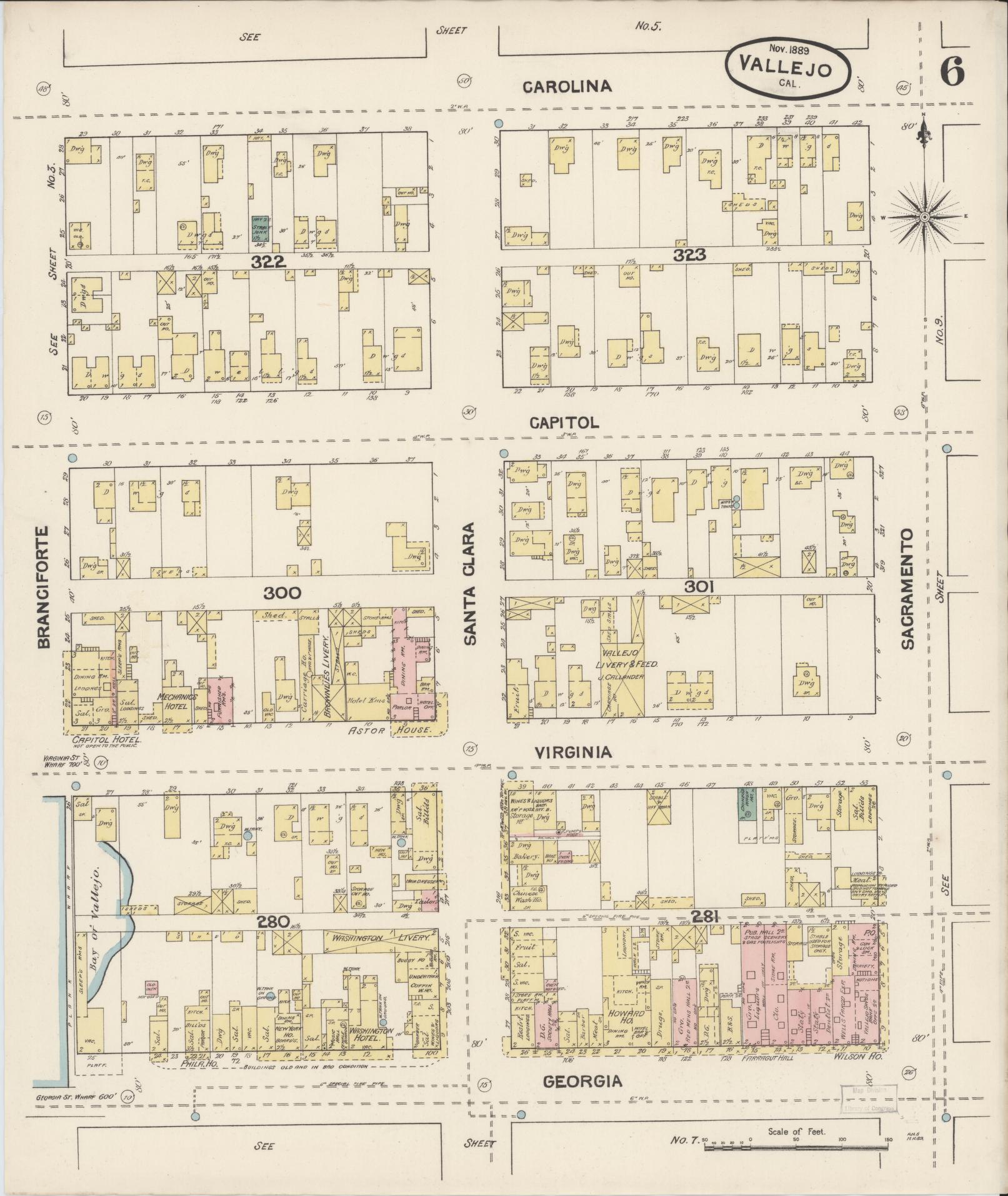 Sanborn Fire Insurance Map from Vallejo, Solano County, California (1889), Sheet #0006 - Complete Map Set gallery image, historic Sanborn map, vintage wall art, California California
