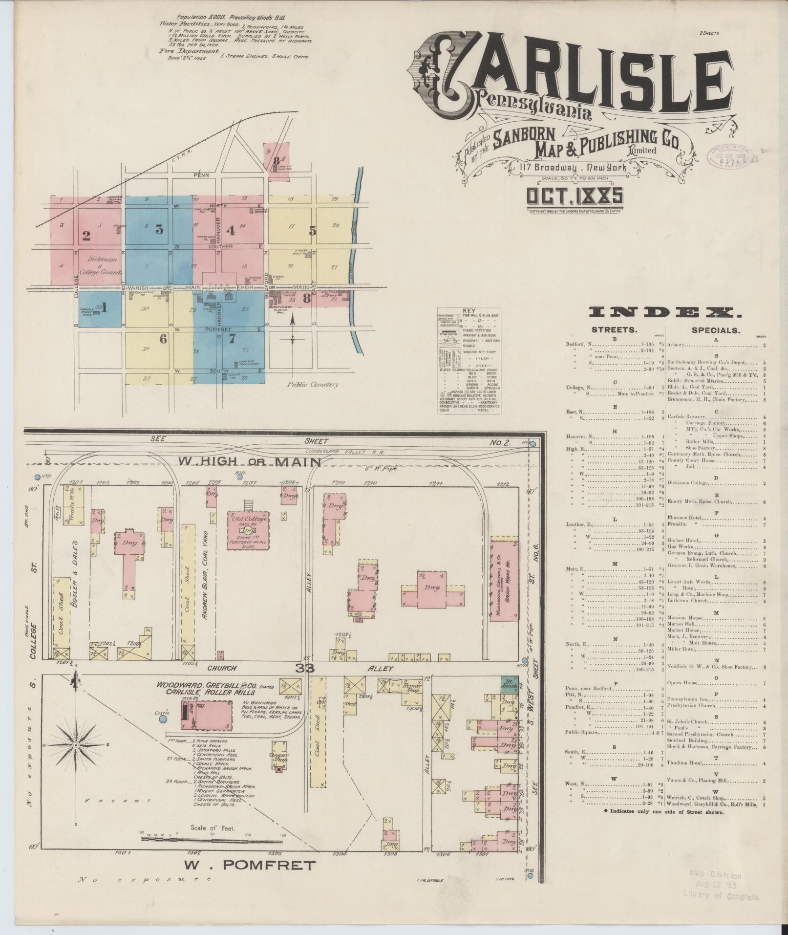 Sanborn Fire Insurance Map from Carlisle, Cumberland County, Pennsylvania (1885), Sheet #0001 - Historic Sanborn Fire Insurance Map Print, vintage old map wall art, antique decor, genealogy gift, Pennsylvania Pennsylvania map