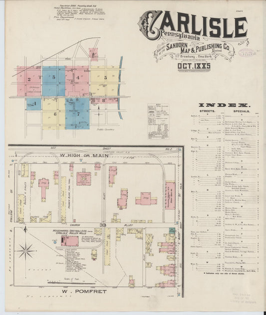 Sanborn Fire Insurance Map from Carlisle, Cumberland County, Pennsylvania (1885), Sheet #0001 - Historic Sanborn Fire Insurance Map Print, vintage old map wall art, antique decor, genealogy gift, Pennsylvania Pennsylvania map