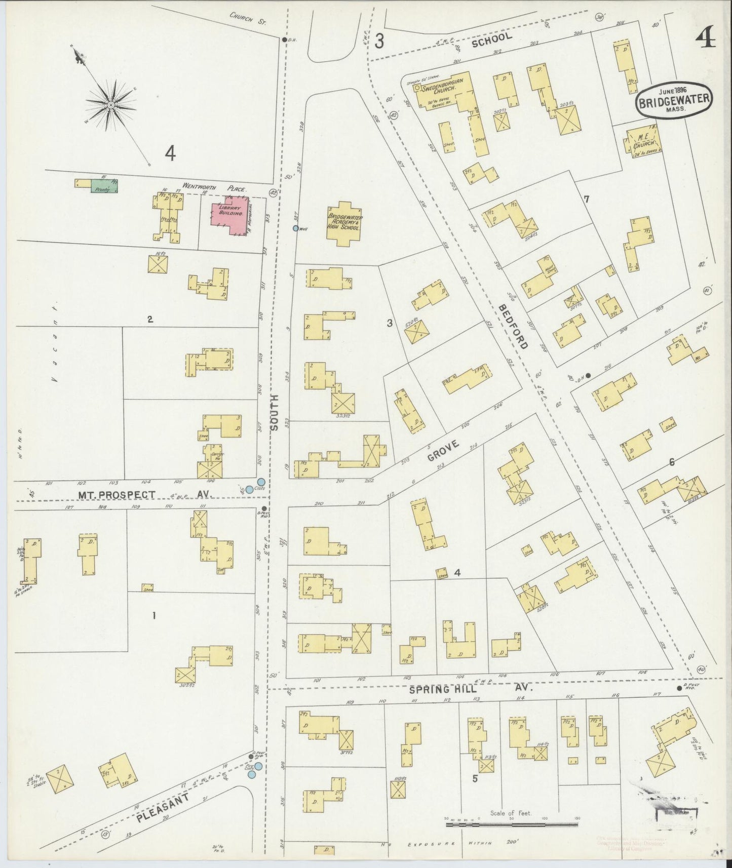 Sanborn Fire Insurance Map from Bridgewater, Plymouth County, Massachusetts (1896), Sheet #0004 - Complete Map Set gallery image, historic Sanborn map, vintage wall art, Massachusetts Massachusetts