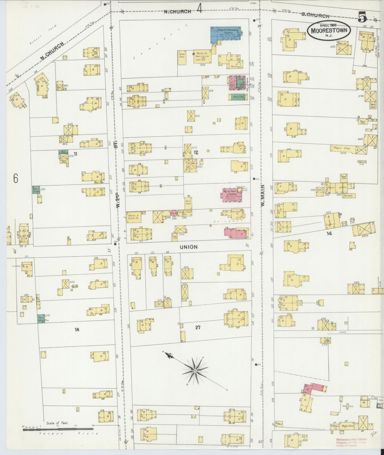 Sanborn Fire Insurance Map from Moorestown, Burlington County, New Jersey (1905), Sheet #0005 - Complete Map Set gallery image, historic Sanborn map, vintage wall art, New Jersey New Jersey