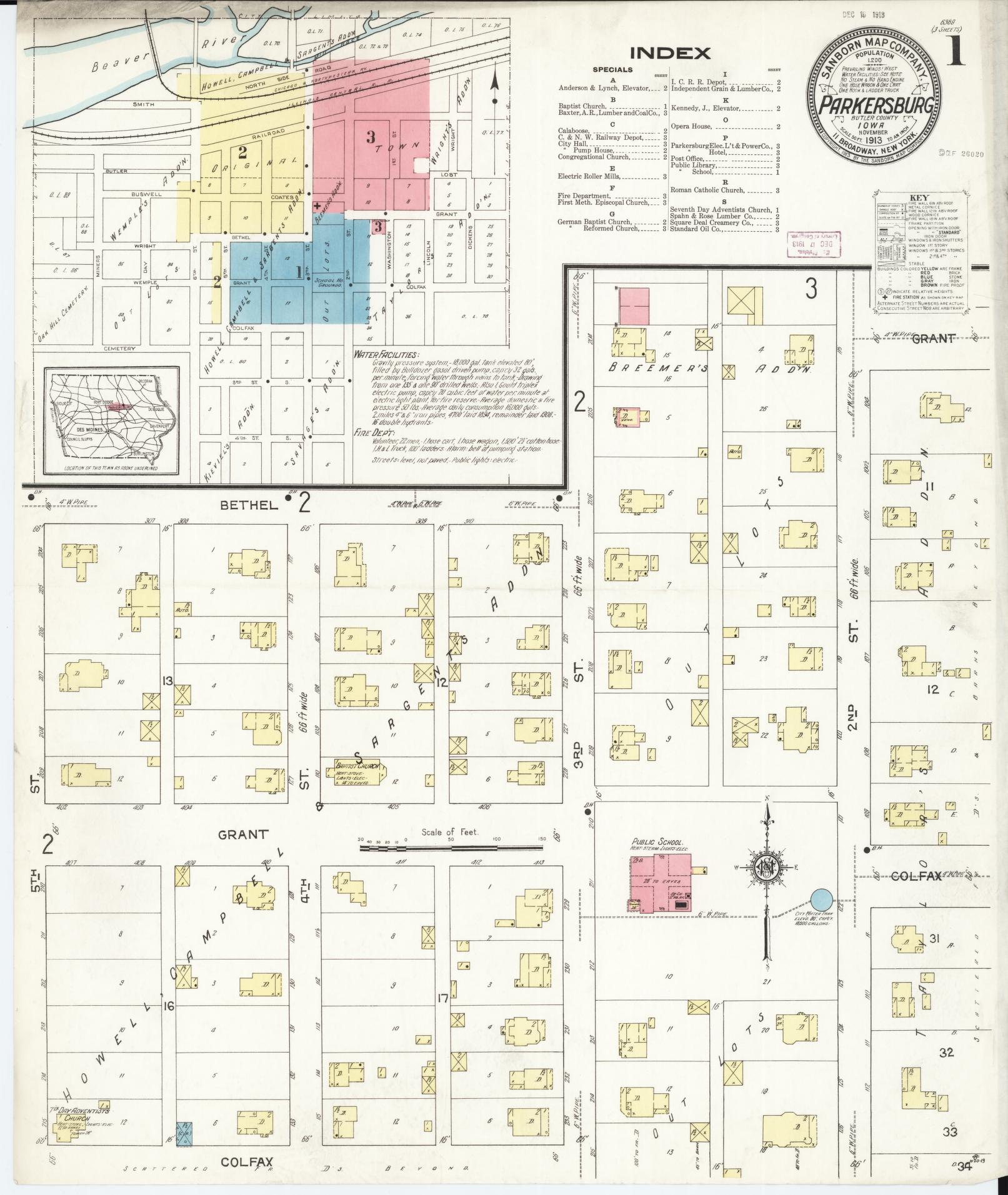 Sanborn Fire Insurance Map from Parkersburg, Butler County, Iowa (1913), Sheet #0001 - Historic Sanborn Fire Insurance Map Print