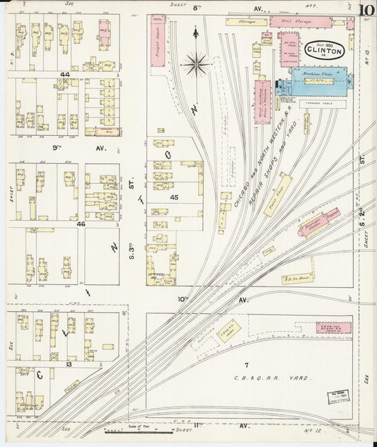 Sanborn Fire Insurance Map from Clinton, Clinton County, Iowa (1890), Sheet #0010 - Historic Sanborn Fire Insurance Map Print, vintage old map wall art
