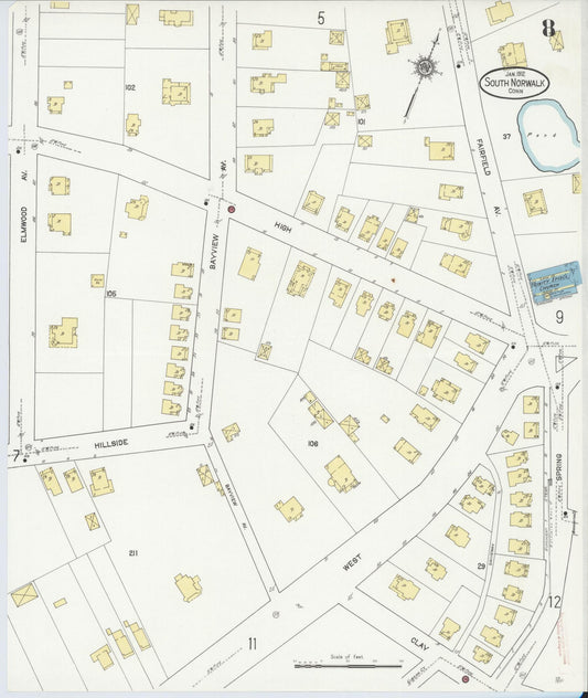 Sanborn Fire Insurance Map from South Norwalk, Fairfield County, Connecticut (1912), Sheet #0008 - Historic Sanborn Fire Insurance Map Print, vintage old map wall art, antique decor, genealogy gift, Connecticut Connecticut map