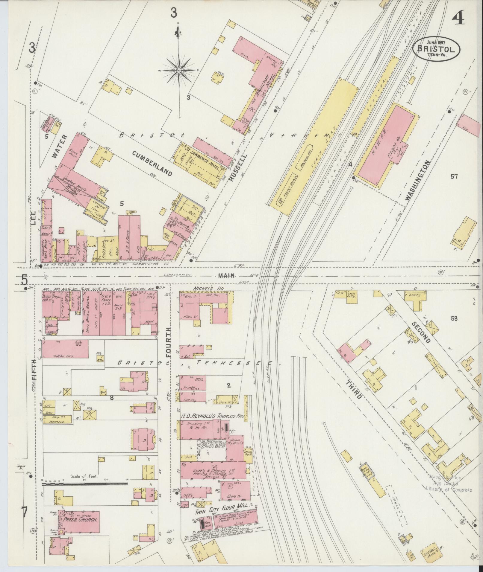Sanborn Fire Insurance Map from Bristol, Sullivan County, Tennessee (1898), Sheet #0004 - Historic Sanborn Fire Insurance Map Print, vintage old map wall art, antique decor, genealogy gift, Tennessee Tennessee map