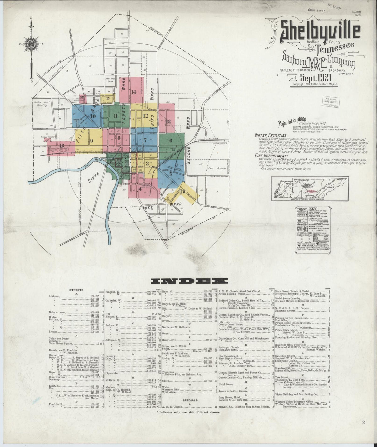 Sanborn Fire Insurance Map from Shelbyville, Bedford County, Tennessee (1921), Sheet #0001 - Complete Map Set gallery image, historic Sanborn map, vintage wall art, Tennessee Tennessee