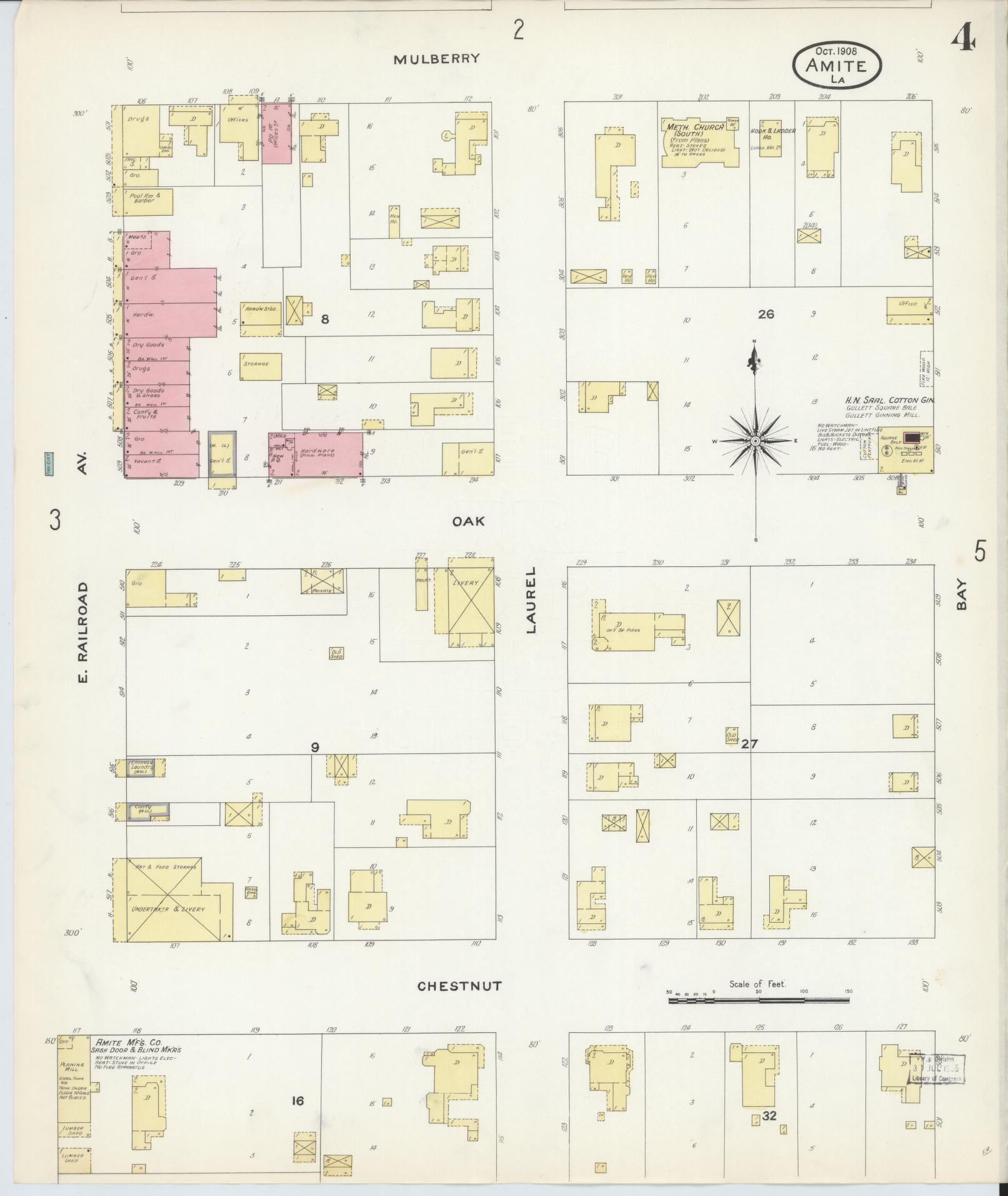 Sanborn Fire Insurance Map from Amite, Tangipahoa Parish, Louisiana (1908), Sheet #0004 - Complete Map Set gallery image, historic Sanborn map, vintage wall art, Louisiana Louisiana