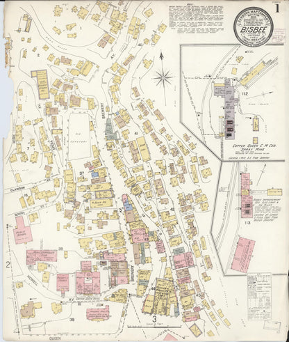 Sanborn Fire Insurance Map from Bisbee, Cochise County, Arizona (1904), Sheet #0001 - Complete Map Set gallery image, historic Sanborn map, vintage wall art, Arizona Arizona