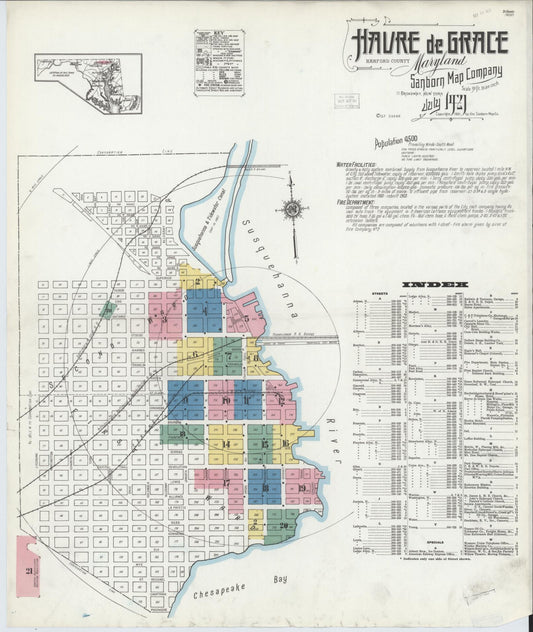 Sanborn Fire Insurance Map from Havre De Grace, Harford County, Maryland (1921), Sheet #0001 - Historic Sanborn Fire Insurance Map Print, vintage old map wall art, antique decor, genealogy gift, Maryland Maryland map