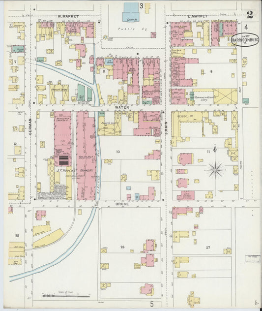 Sanborn Fire Insurance Map from Harrisonburg, Independent Cities, Virginia (1897), Sheet #0002 - Historic Sanborn Fire Insurance Map Print, vintage old map wall art, antique decor, genealogy gift, Virginia Virginia map