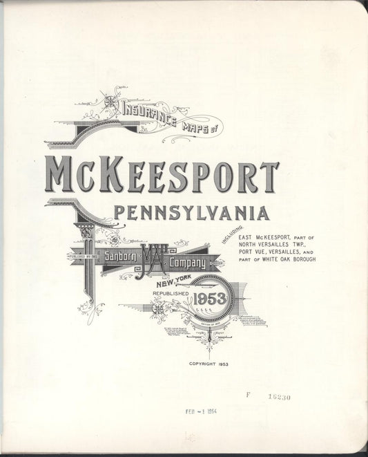 Sanborn Fire Insurance Map from McKeesport, Allegheny County, Pennsylvania (1953), Sheet #0001 - Historic Sanborn Fire Insurance Map Print, vintage old map wall art, antique decor, genealogy gift, Pennsylvania Pennsylvania map