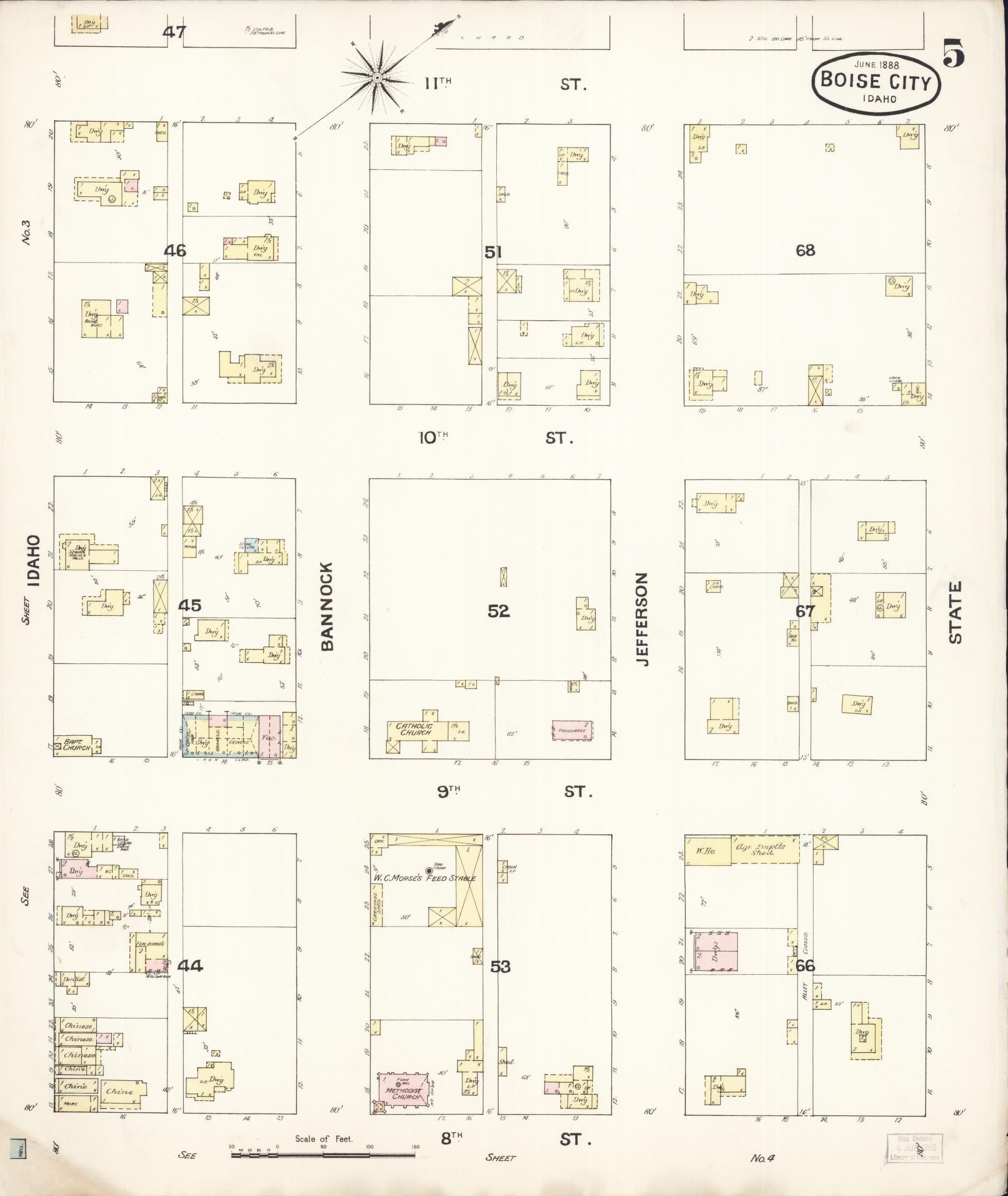 Sanborn Fire Insurance Map from Boise, Ada County, Idaho (1888), Sheet #0005 - Historic Sanborn Fire Insurance Map Print, vintage old map wall art, antique decor, genealogy gift, Idaho Idaho map