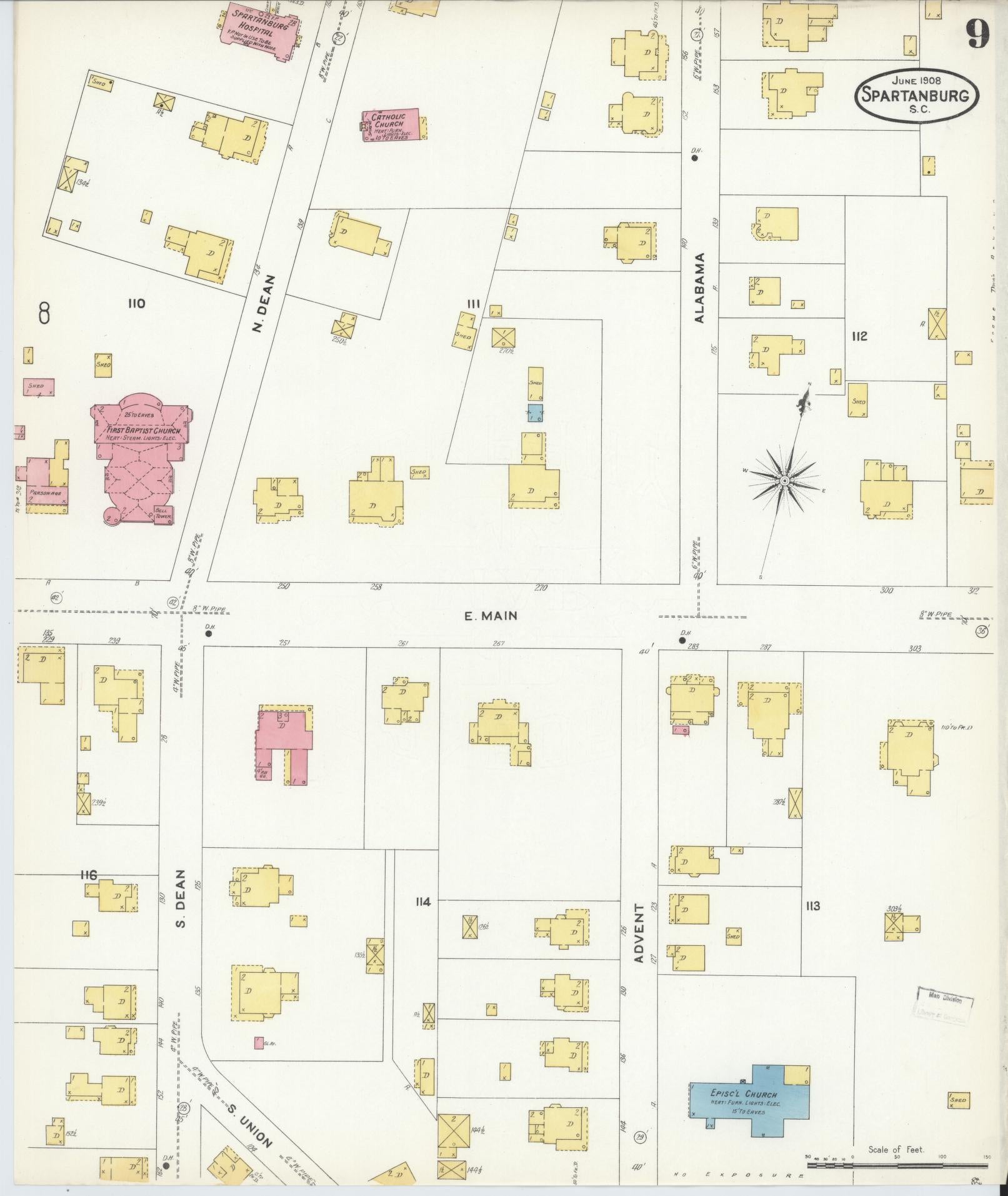 Sanborn Fire Insurance Map from Spartanburg, Spartanburg County, South Carolina (1908), Sheet #0009 - Complete Map Set gallery image, historic Sanborn map, vintage wall art, South Carolina South Carolina