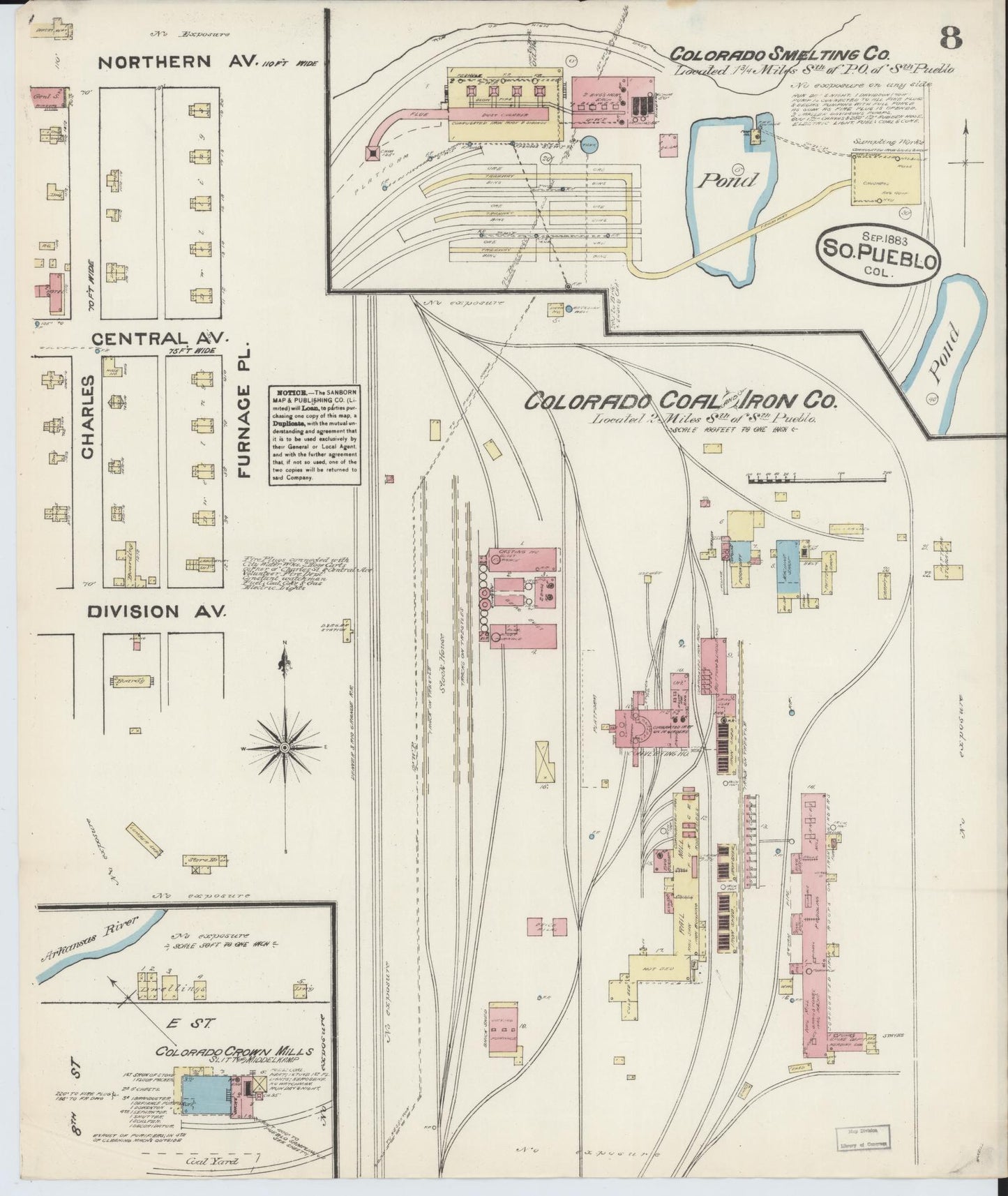 Sanborn Fire Insurance Map from Pueblo, Pueblo County, Colorado (1883), Sheet #0008 - Historic Sanborn Fire Insurance Map Print, vintage old map wall art, antique decor, genealogy gift, Colorado Colorado map