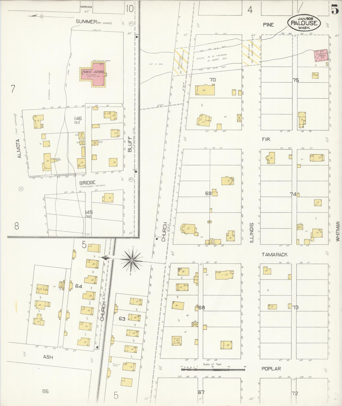 Sanborn Fire Insurance Map from Palouse City, Whitman County, Washington (1908), Sheet #0005 - Historic Sanborn Fire Insurance Map Print, vintage old map wall art, antique decor, genealogy gift, Washington Washington map