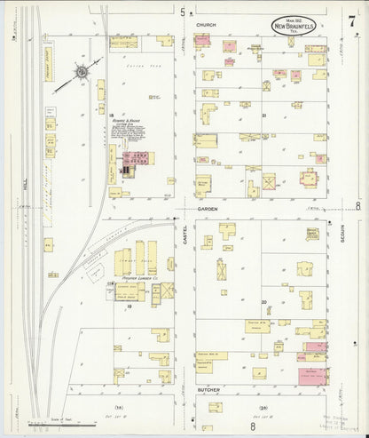 Sanborn Fire Insurance Map from New Braunfels, Comal County, Texas (1912), Sheet #0007 - Complete Map Set gallery image, historic Sanborn map, vintage wall art, Texas Texas