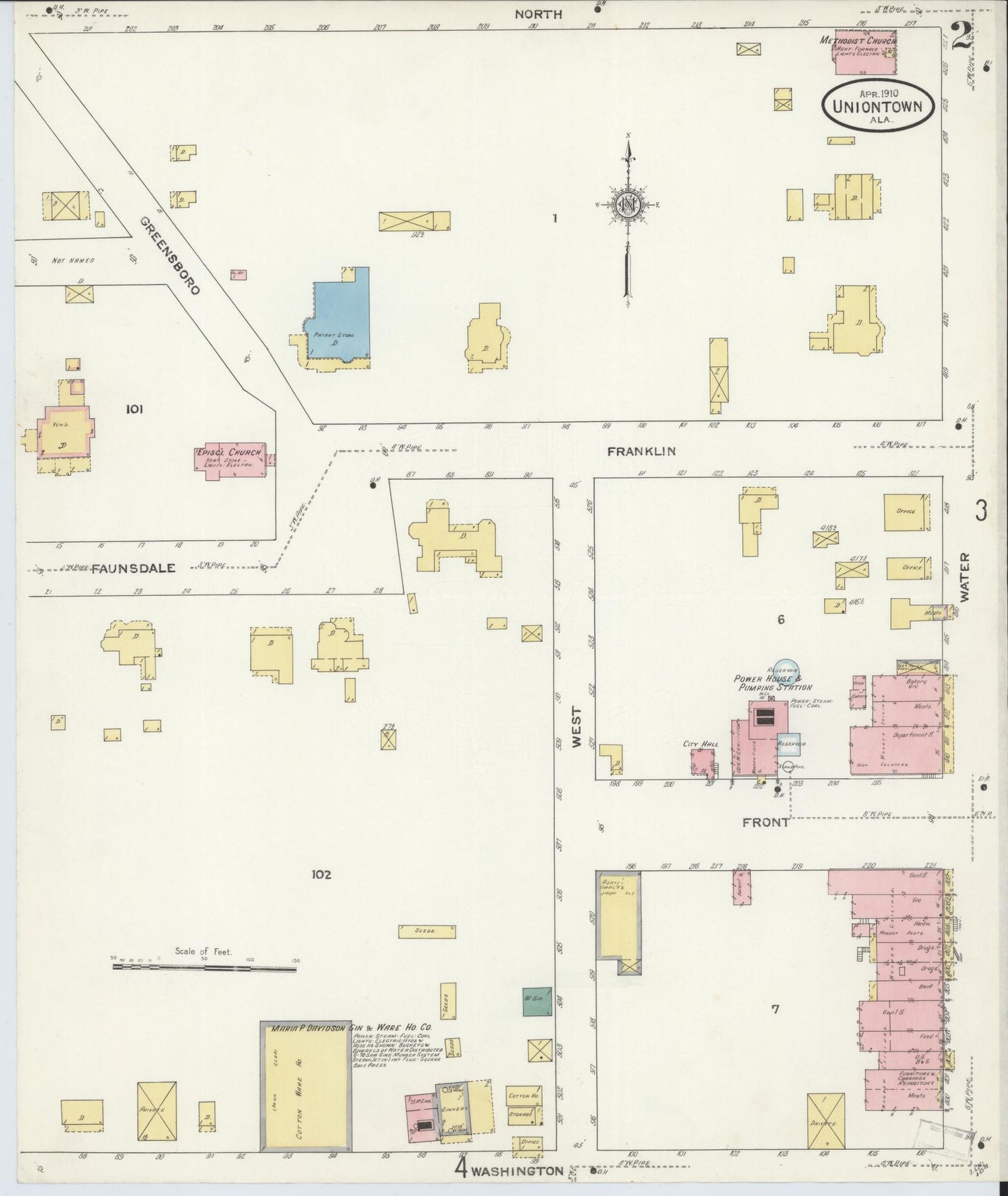 Sanborn Fire Insurance Map from Uniontown, Perry County, Alabama (1910), Sheet #0002 - Complete Map Set gallery image, historic Sanborn map, vintage wall art, Alabama Alabama