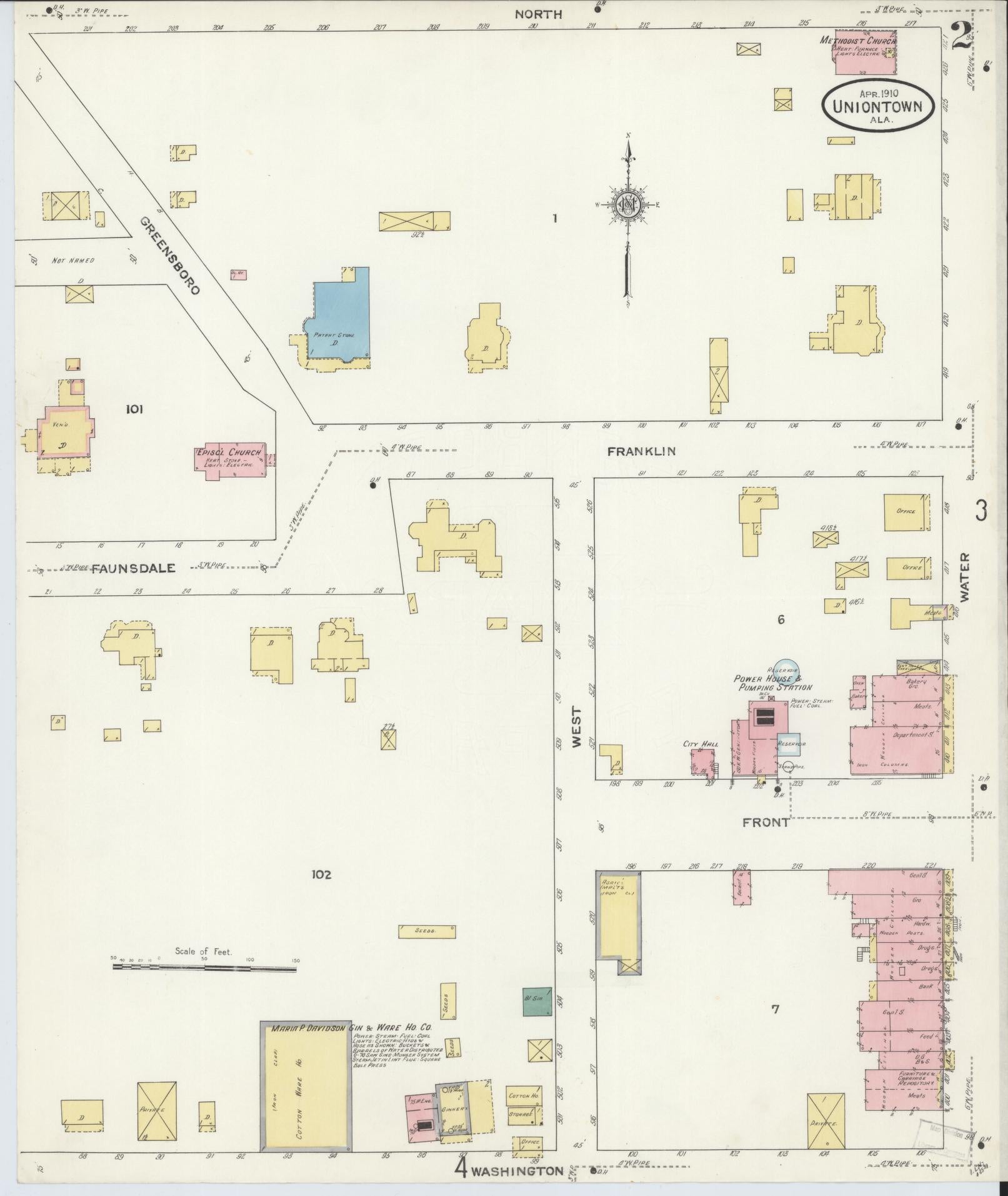 Sanborn Fire Insurance Map from Uniontown, Perry County, Alabama (1910), Sheet #0002 - Complete Map Set gallery image, historic Sanborn map, vintage wall art, Alabama Alabama