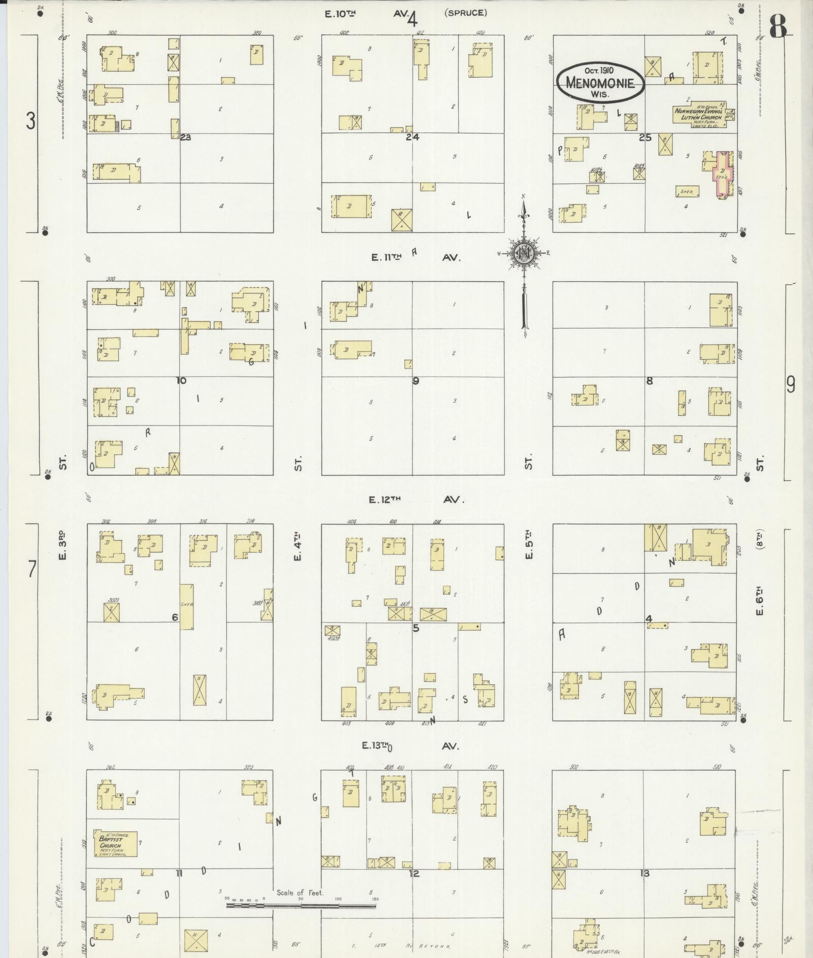 Sanborn Fire Insurance Map from Menomonie, Dunn County, Wisconsin (1910), Sheet #0008 - Historic Sanborn Fire Insurance Map Print, vintage old map wall art, antique decor, genealogy gift, Wisconsin Wisconsin map