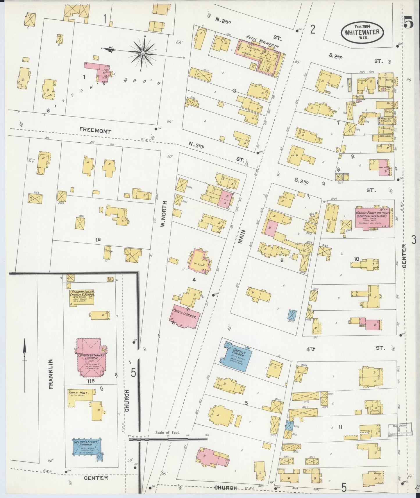 Sanborn Fire Insurance Map from Whitewater, Walworth County, Wisconsin (1904), Sheet #0005 - Historic Sanborn Fire Insurance Map Print, vintage old map wall art, antique decor, genealogy gift, Wisconsin Wisconsin map
