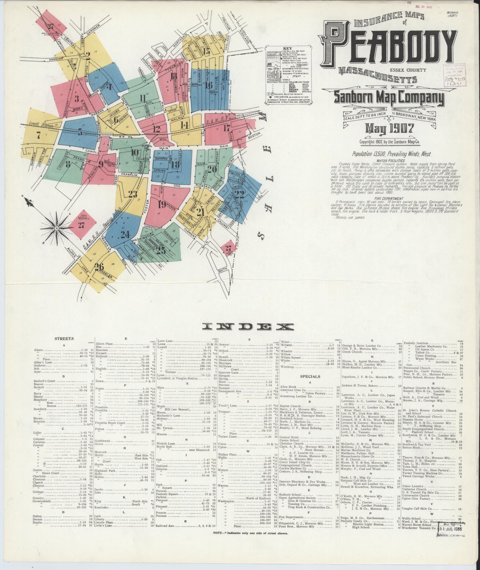 Sanborn Fire Insurance Map from Peabody, Essex County, Massachusetts (1907), Sheet #0001 - Complete Map Set gallery image, historic Sanborn map, vintage wall art, Massachusetts Massachusetts