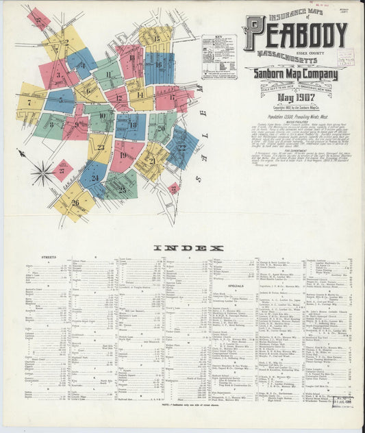 Sanborn Fire Insurance Map from Peabody, Essex County, Massachusetts (1907), Sheet #0001 - Complete Map Set gallery image, historic Sanborn map, vintage wall art, Massachusetts Massachusetts