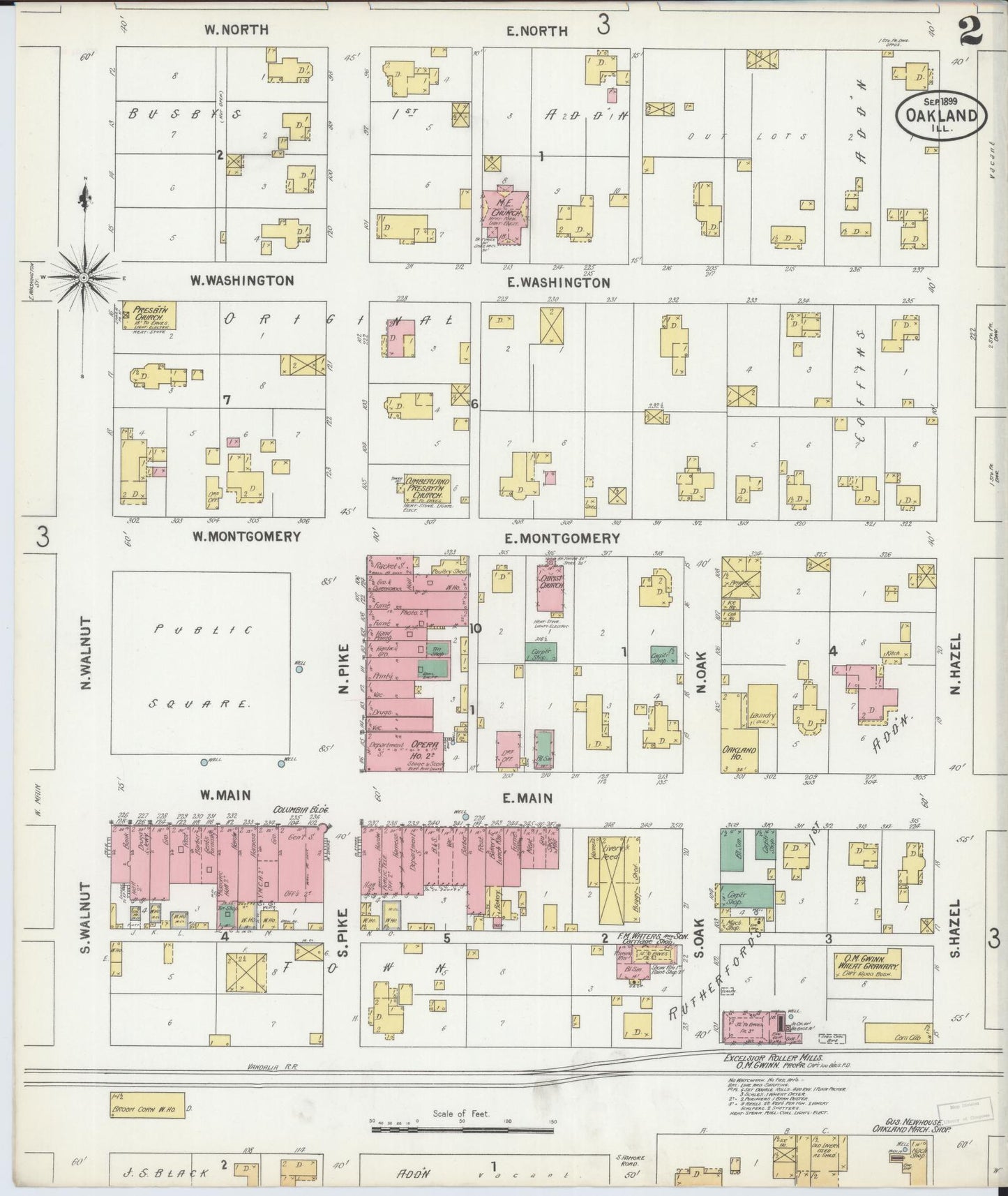Sanborn Fire Insurance Map from Oakland, Coles County, Illinois (1899), Sheet #0002 - Complete Map Set gallery image, historic Sanborn map, vintage wall art, Illinois Illinois