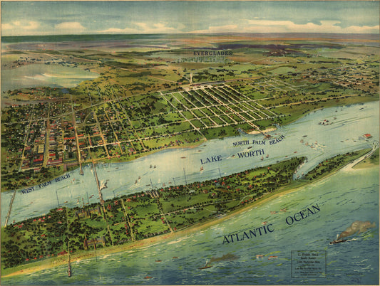 [Panoramic view of West Palm Beach, North Palm Beach and Lake Worth]. (1915) – Historic Bird’s-Eye View Panorama Print