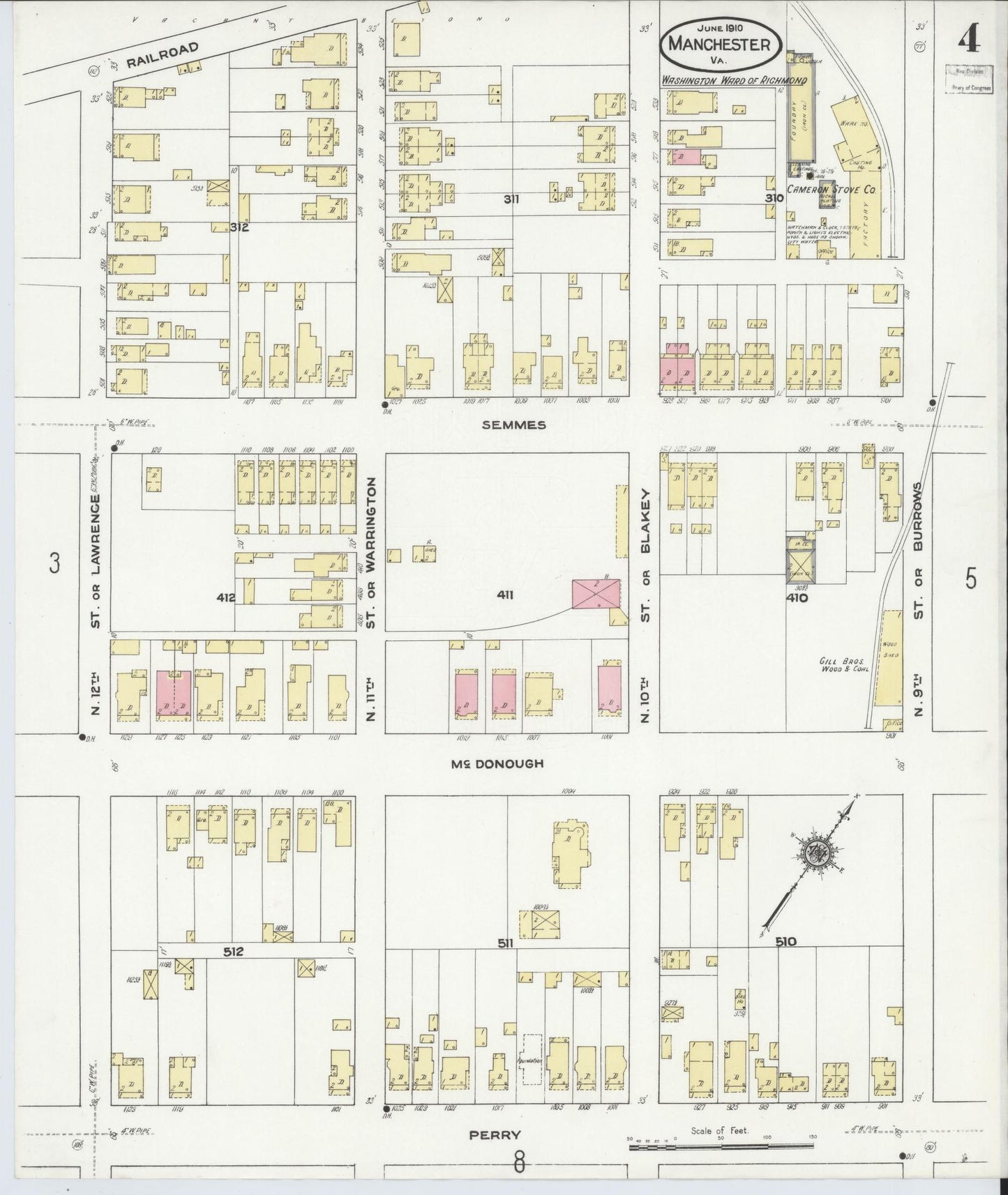 Sanborn Fire Insurance Map from Manchester, Chesterfield County, Virginia. (1910), Sheet 4 – Historic Sanborn Fire Insurance Map Print