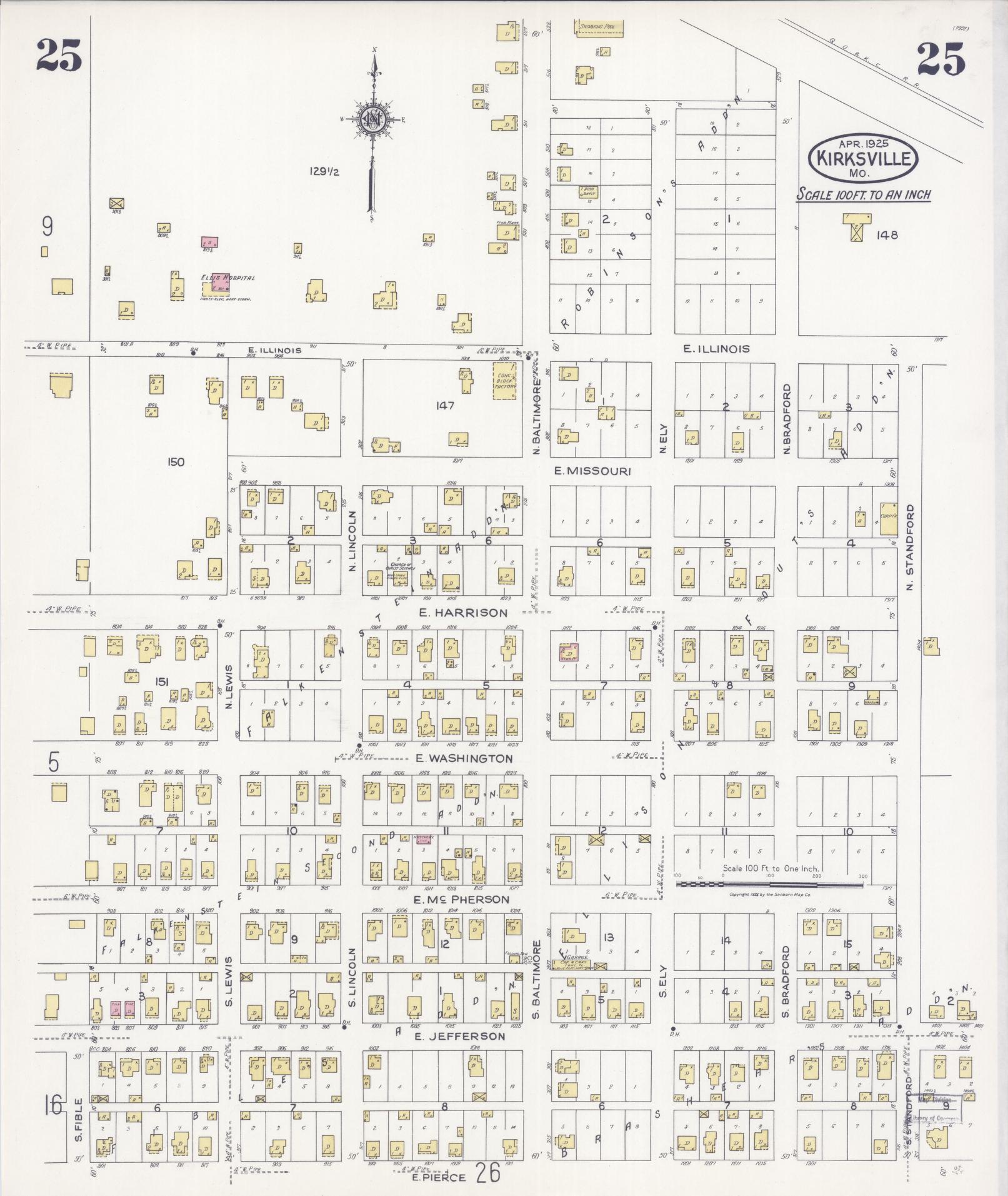 Sanborn Fire Insurance Map from Kirksville, Adair County, Missouri (1925), Sheet #0025 - Historic Sanborn Fire Insurance Map Print, vintage old map wall art, antique decor, genealogy gift, Missouri Missouri map