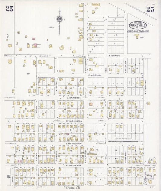 Sanborn Fire Insurance Map from Kirksville, Adair County, Missouri (1925), Sheet #0025 - Historic Sanborn Fire Insurance Map Print, vintage old map wall art, antique decor, genealogy gift, Missouri Missouri map