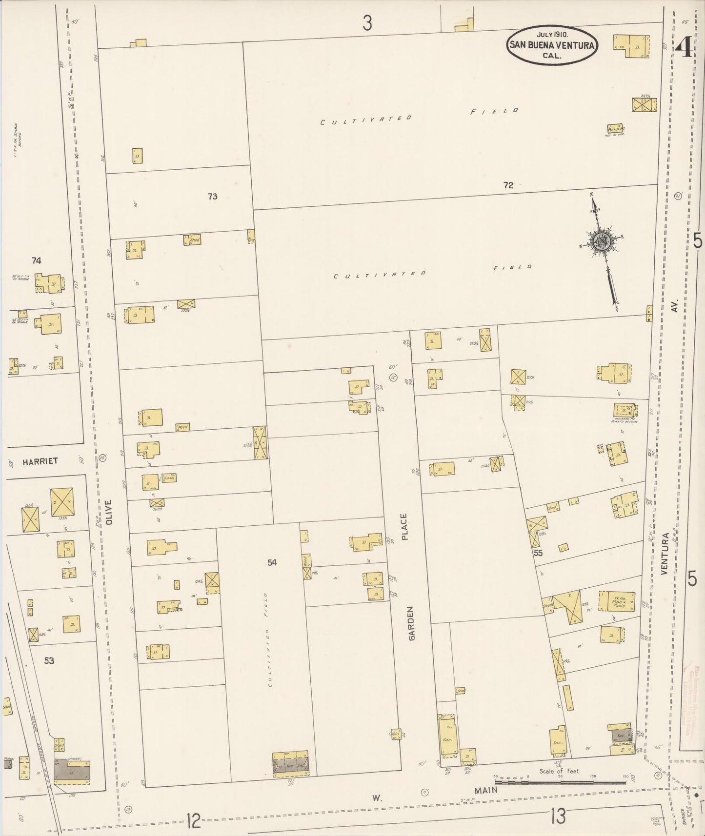 Sanborn Fire Insurance Map from San Buenaventura, Ventura County, California (1910), Sheet #0004 - Complete Map Set gallery image, historic Sanborn map, vintage wall art, California California
