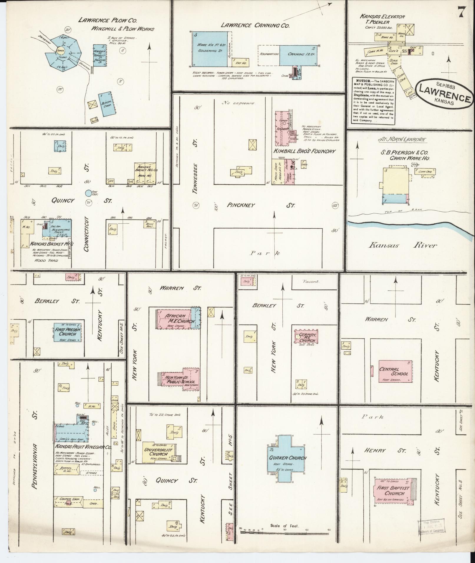 Sanborn Fire Insurance Map from Lawrence, Douglas County, Kansas (1883), Sheet #0007 - Complete Map Set gallery image, historic Sanborn map, vintage wall art, Kansas Kansas