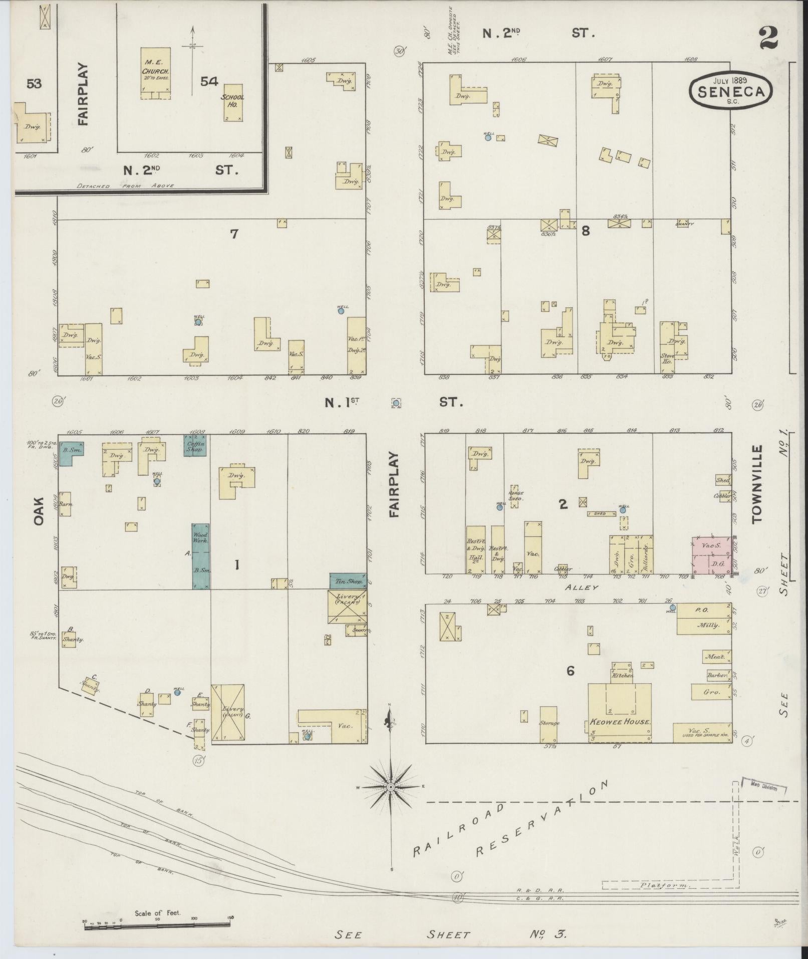 Sanborn Fire Insurance Map from Seneca, Oconee County, South Carolina (1889), Sheet #0002 - Complete Map Set gallery image, historic Sanborn map, vintage wall art, South Carolina South Carolina